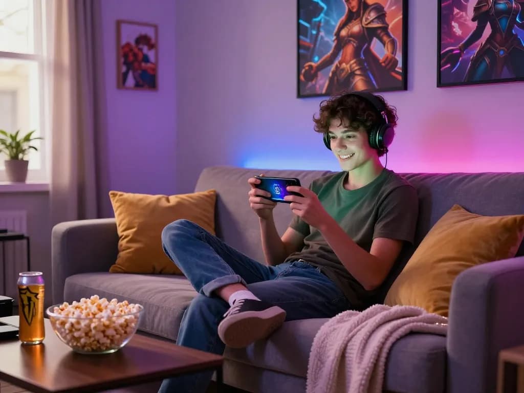 Engaging scene of a player enjoying a mobile porn game on a smartphone in a cozy, colorful gaming setup.