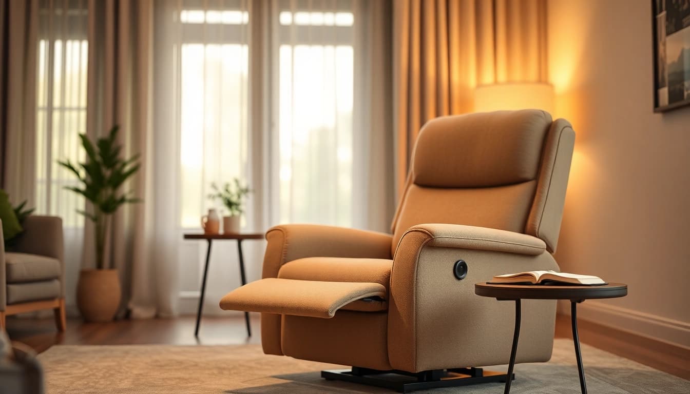 Comfortable lift recliner chair in a cozy living room with ambient lighting