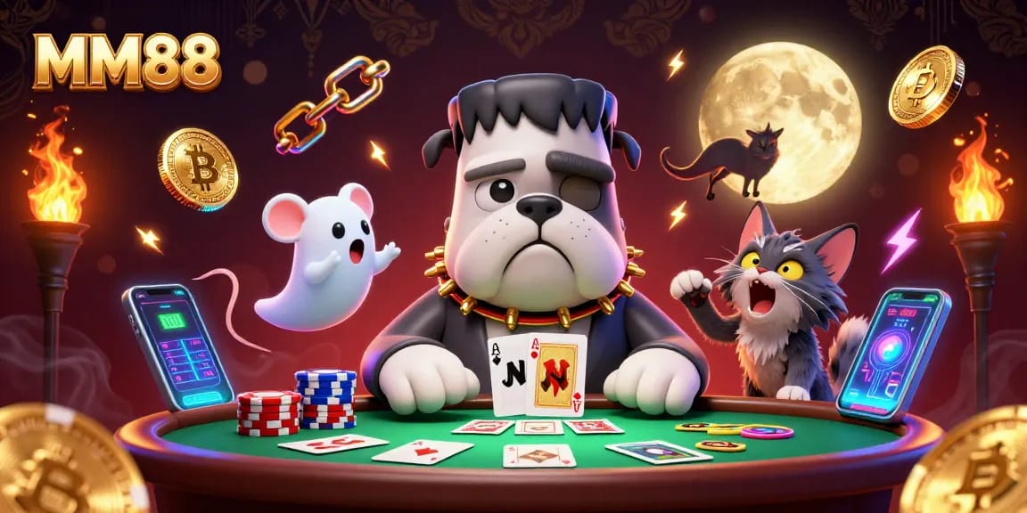 MM88 gaming scene showcasing a whimsical 3D Bulldog dealer amidst poker chips and ghostly elements.