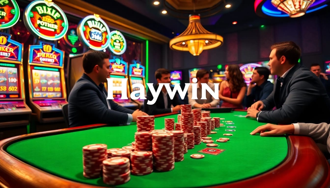 Players enjoying a game of cards at Haywin's thrilling casino table environment, surrounded by vibrant gaming machines.