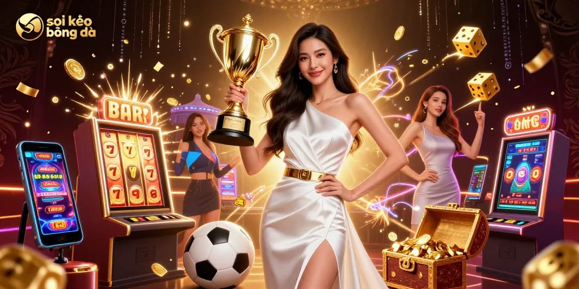 Succeed in sports betting with soi kèo bóng đá as a victorious Asian woman holds a trophy in a dynamic illustration.