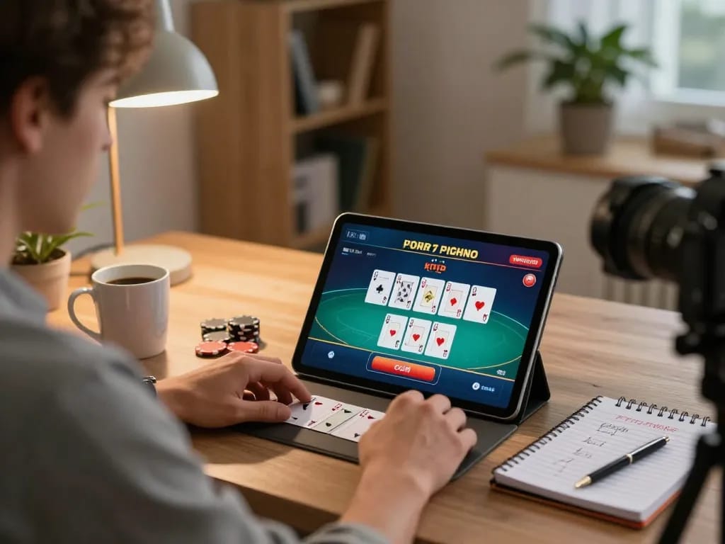 Player engaging in sc88 poker game on tablet, showcasing home gaming atmosphere with strategies and comfort
