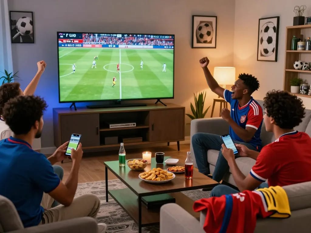 Exciting football fan gathering watching live matches at https://cakhiatvz.live/ with Full HD quality and snacks.