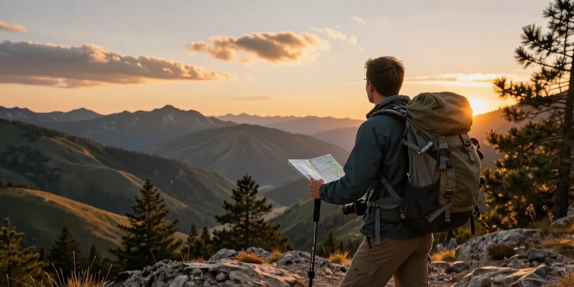 A traveler at https://rokok88.org enjoying a sunset view atop a mountain, showcasing outdoor adventure gear and a sense of exploration.