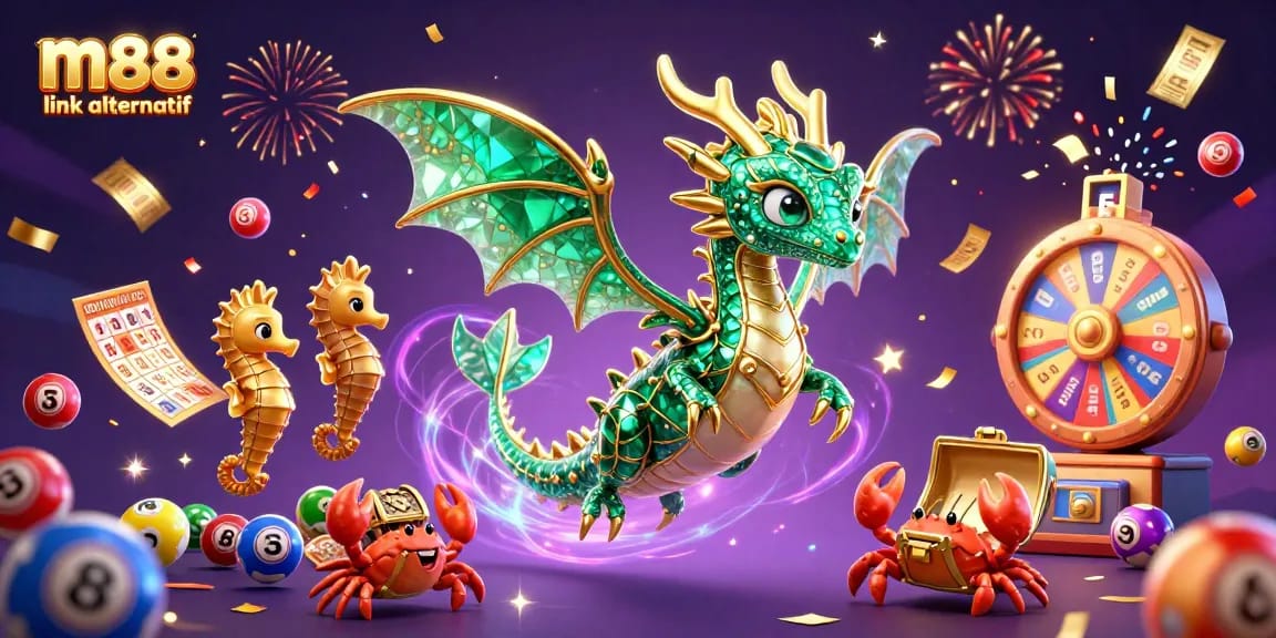 Bet on m88 link alternatif with vibrant lottery balls and unique 3D characters in an exciting casino scene.