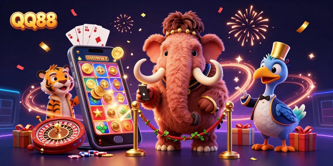 Experience QQ88 with vibrant casino characters amidst dynamic gaming elements in an engaging 3D scene.