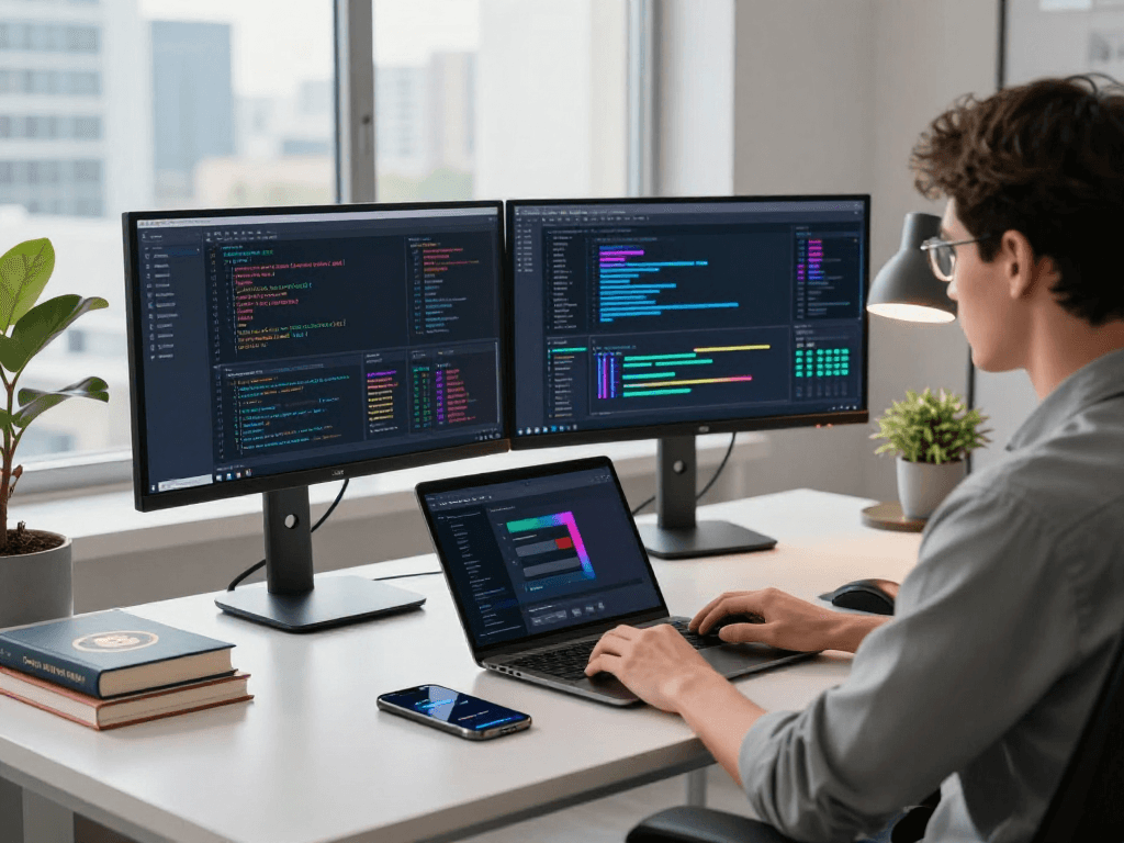 Developer utilizing acrossprotocol in a modern tech workspace, showcasing blockchain solutions and financial applications.