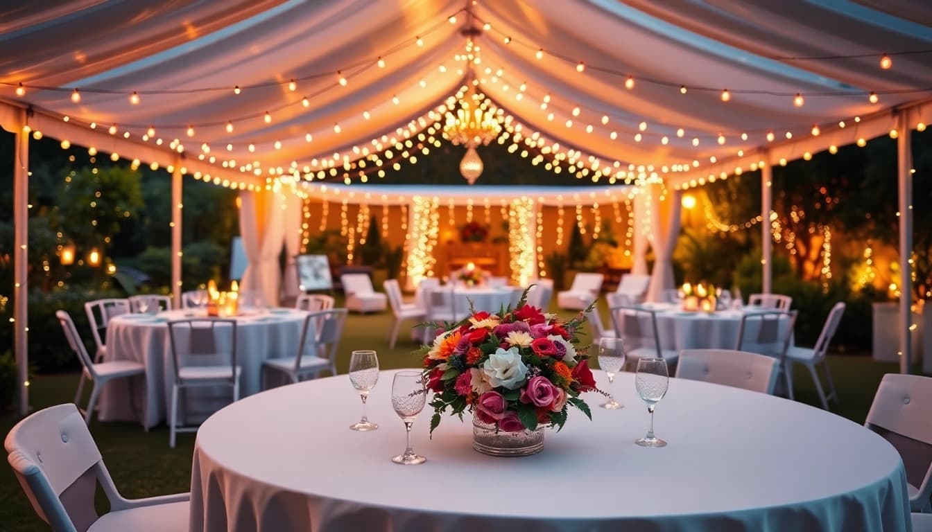 Stunning outdoor party rentals with decorated tents and tables set for an event.