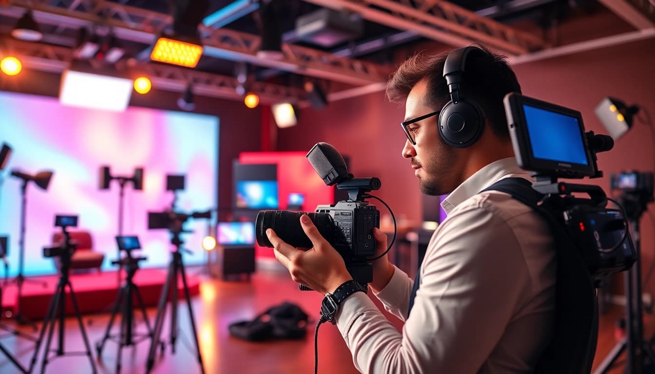 Professional Video Production setup showcasing a videographer adjusting equipment in a vibrant studio.