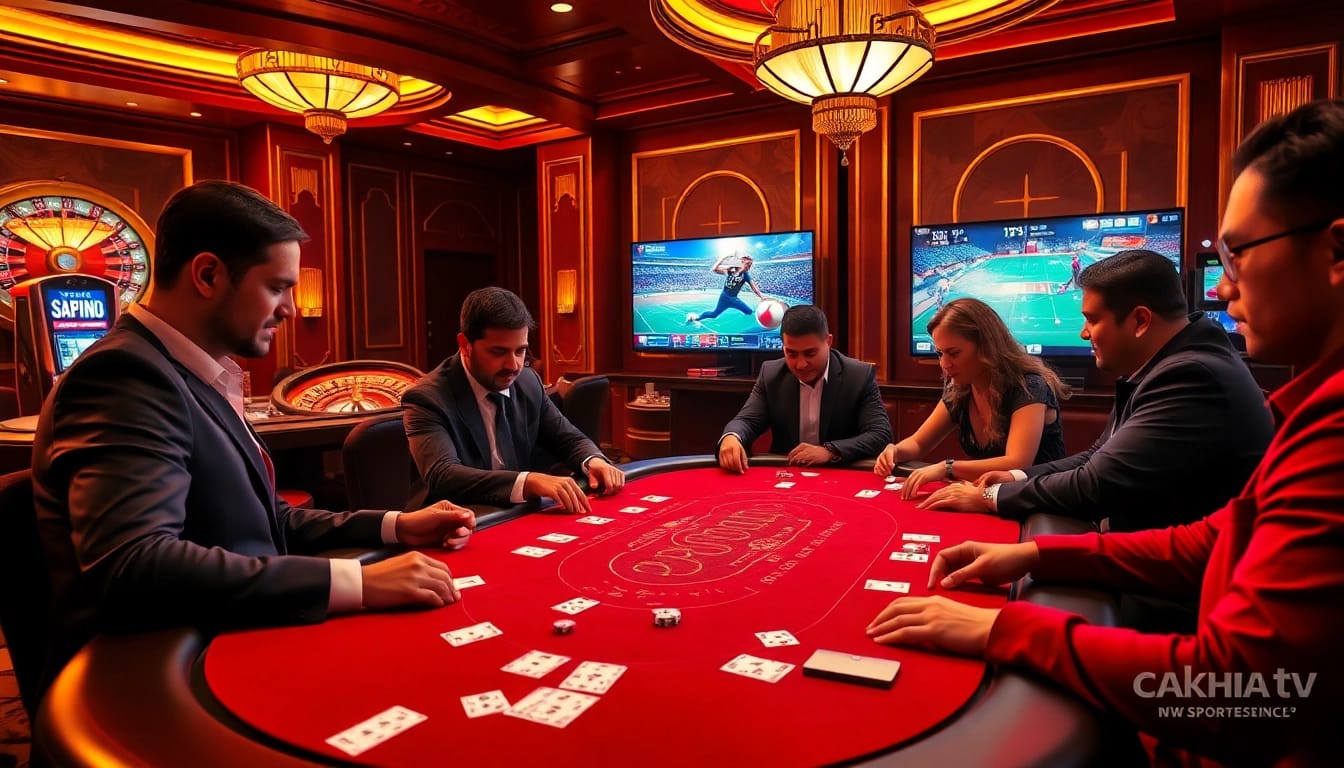 Engaged players at a high-stakes poker table, enjoying Cakhia TV live sports for ultimate excitement.