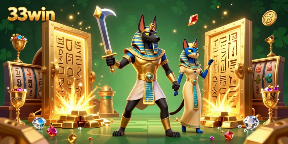 Engage in thrilling gameplay at 33win as Anubis and Bastet bring luck with vibrant treasures and casino excitement.