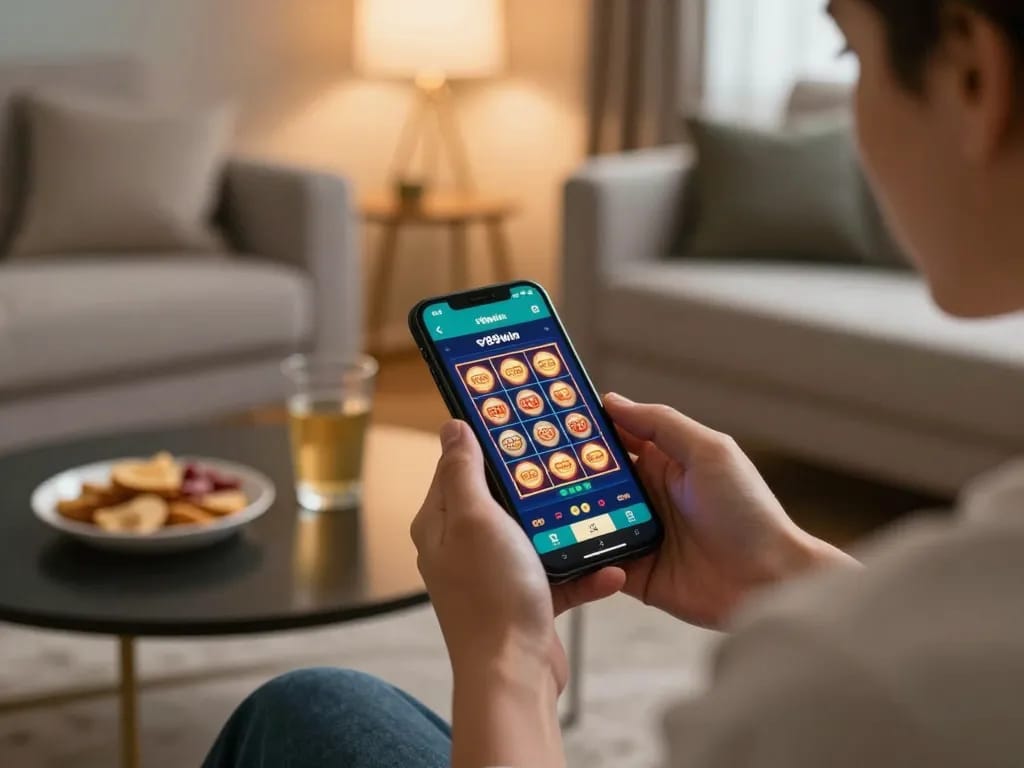 Engaging with the 789win app at home with slot games on smartphone, creating a responsible gaming atmosphere.