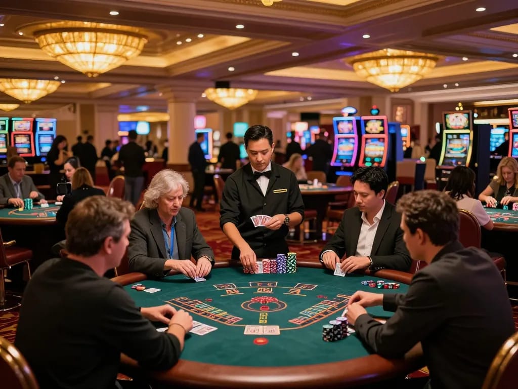 Players experience thrilling blackjack action at 88betcom's upscale casino, complete with vibrant decor.