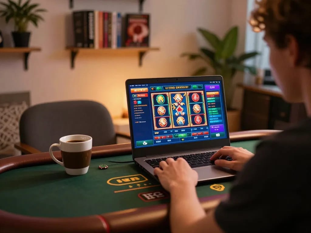 Engaging online gaming scene featuring TG88 on laptop with colorful slots interface.