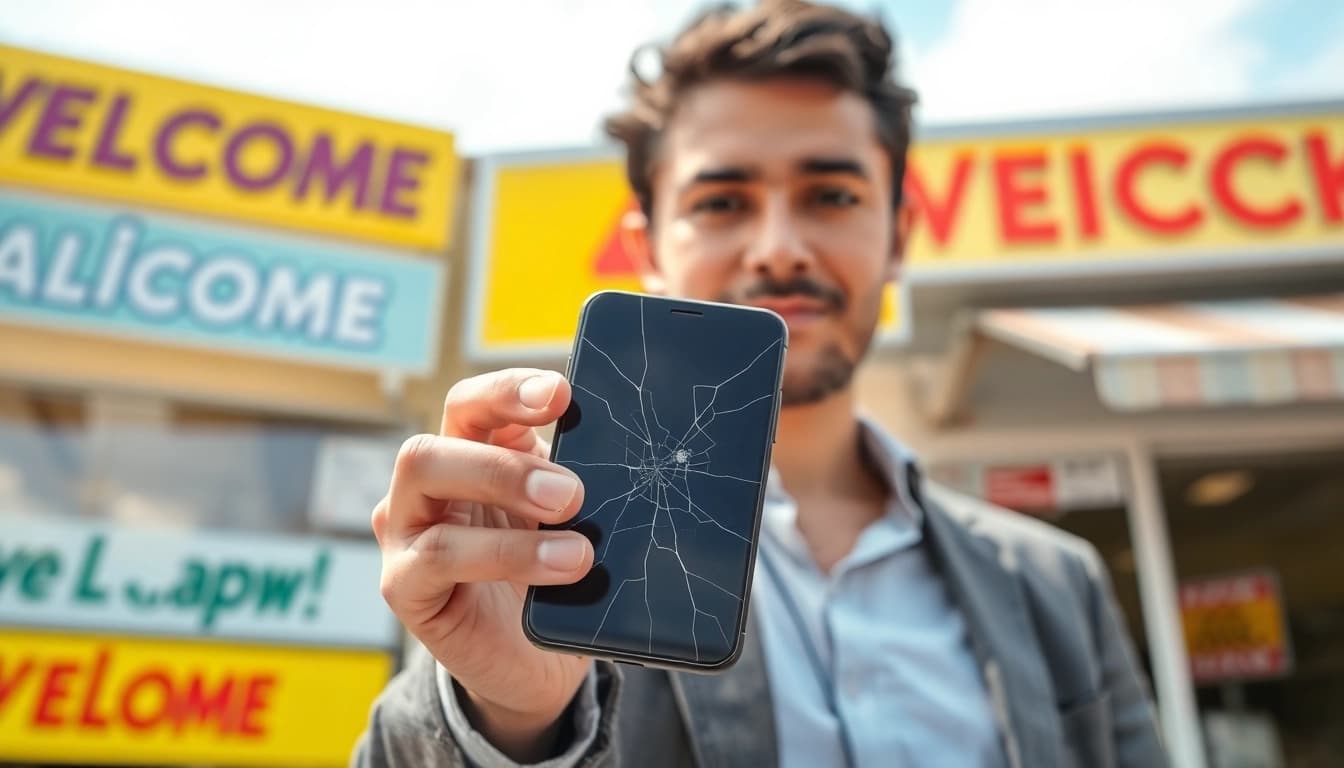Sell Cracked Phone with visible cracks showcased in a bright storefront setting.