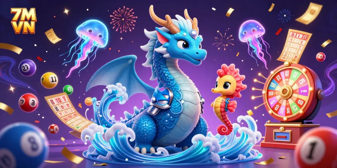 Engage with 7M VN's vibrant gambling visuals featuring lively characters and dynamic lottery elements.