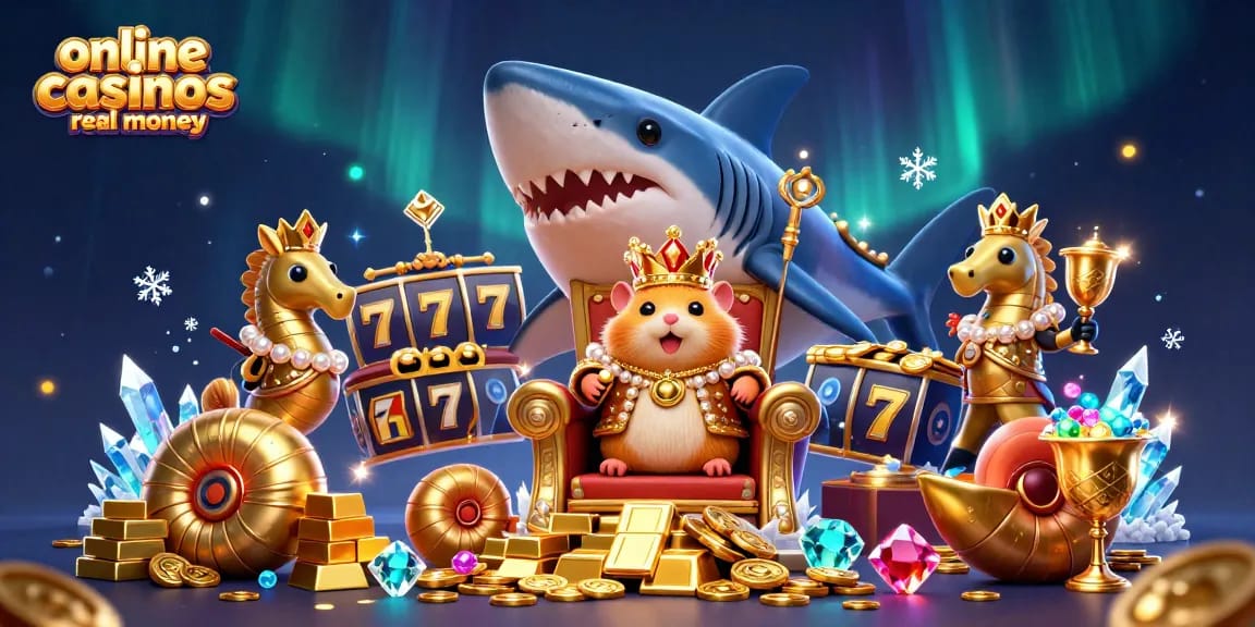 Experience the excitement of online casinos real money with vibrant 3D gaming elements like slot reels and gemstones.