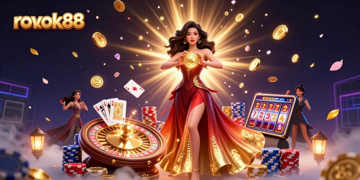 Experience the thrill of rokok88 with dazzling coins and gems amidst a glamorous casino setting.