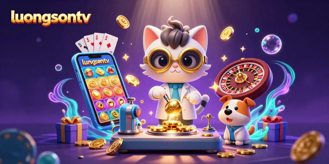 Experience thrilling gameplay on luongsontv with cartoon characters amidst gold coins and vibrant gaming elements.