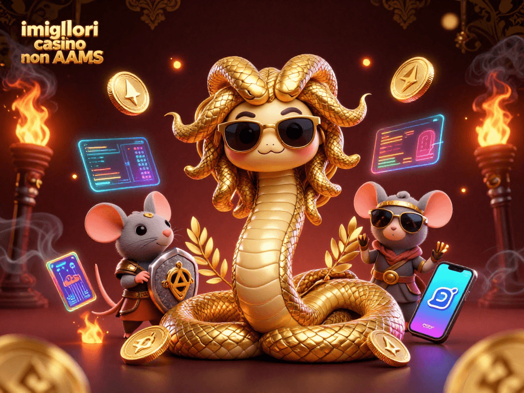 Gioca nei migliori casino non AAMS con una scena affascinante di Medusa e simpatico topo guerriero in un mondo di criptovalute.