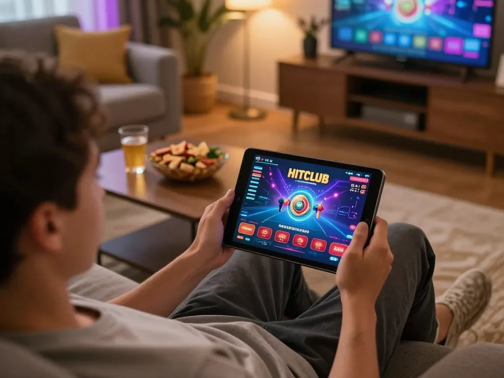 Engaging with the online game casino HITCLUB on a tablet in a cozy living room.