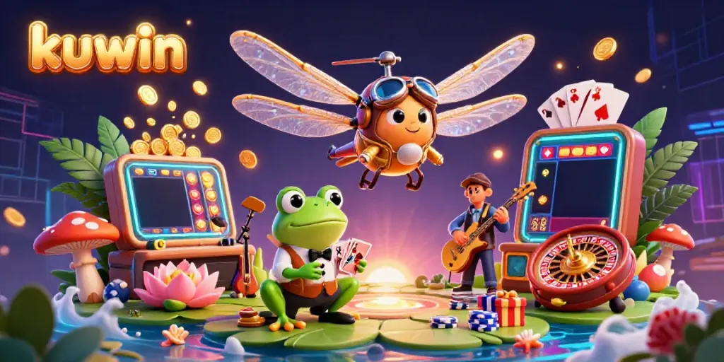Kuwin offers an exciting gaming experience with a vibrant 3D illustration featuring a dragonfly pilot and frog croupier.