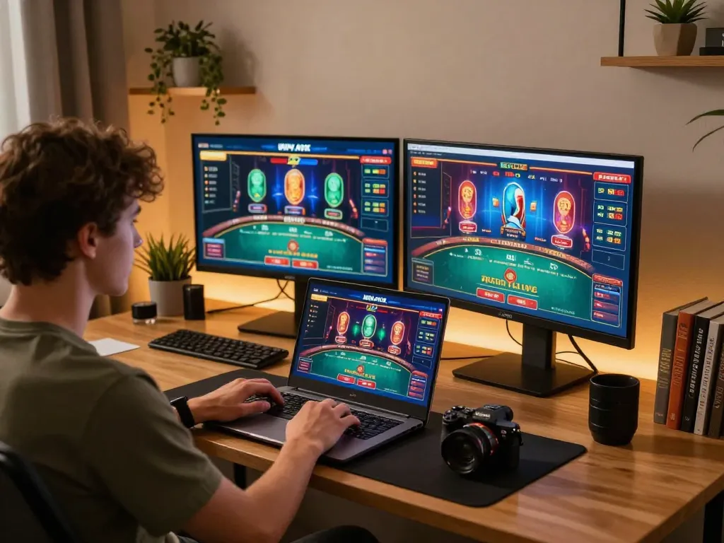 VA88 online gaming setup showing player engaged in strategic gameplay in a cozy workspace