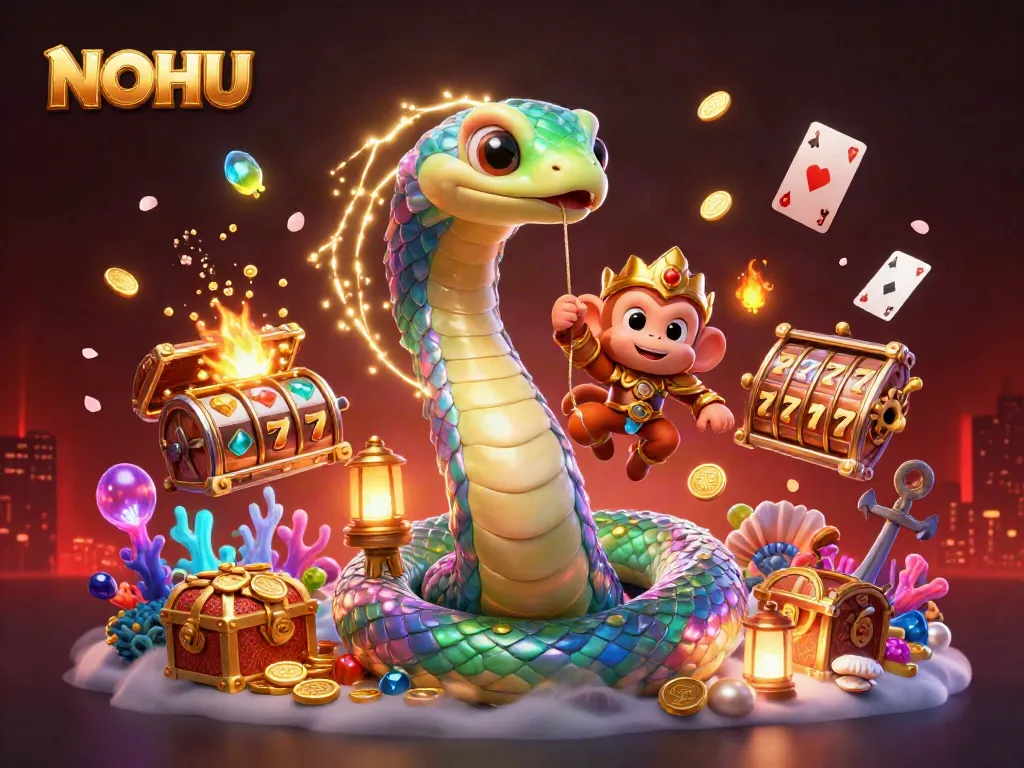 Experience the excitement of NOHU with a vibrant 3D illustration of golden slot reels and lucky symbols in action.