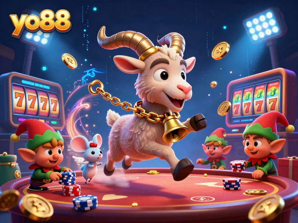 Experience thrilling moments at yo88 with a festive Krampus goat managing a spooky casino scene.
