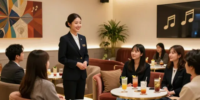 강남타이밍 쩜오의 고급스러운 실내에서 손님들을 맞이하는 매력적인 마담과 아늑한 공간을 보여줍니다.