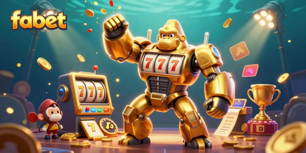 Experience the exciting world of Fabet with a dynamic 3D illustration showcasing a golden gorilla mech and vibrant slot elements.
