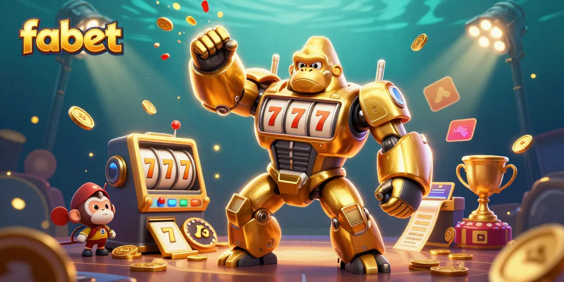 Experience the exciting world of Fabet with a dynamic 3D illustration showcasing a golden gorilla mech and vibrant slot elements.