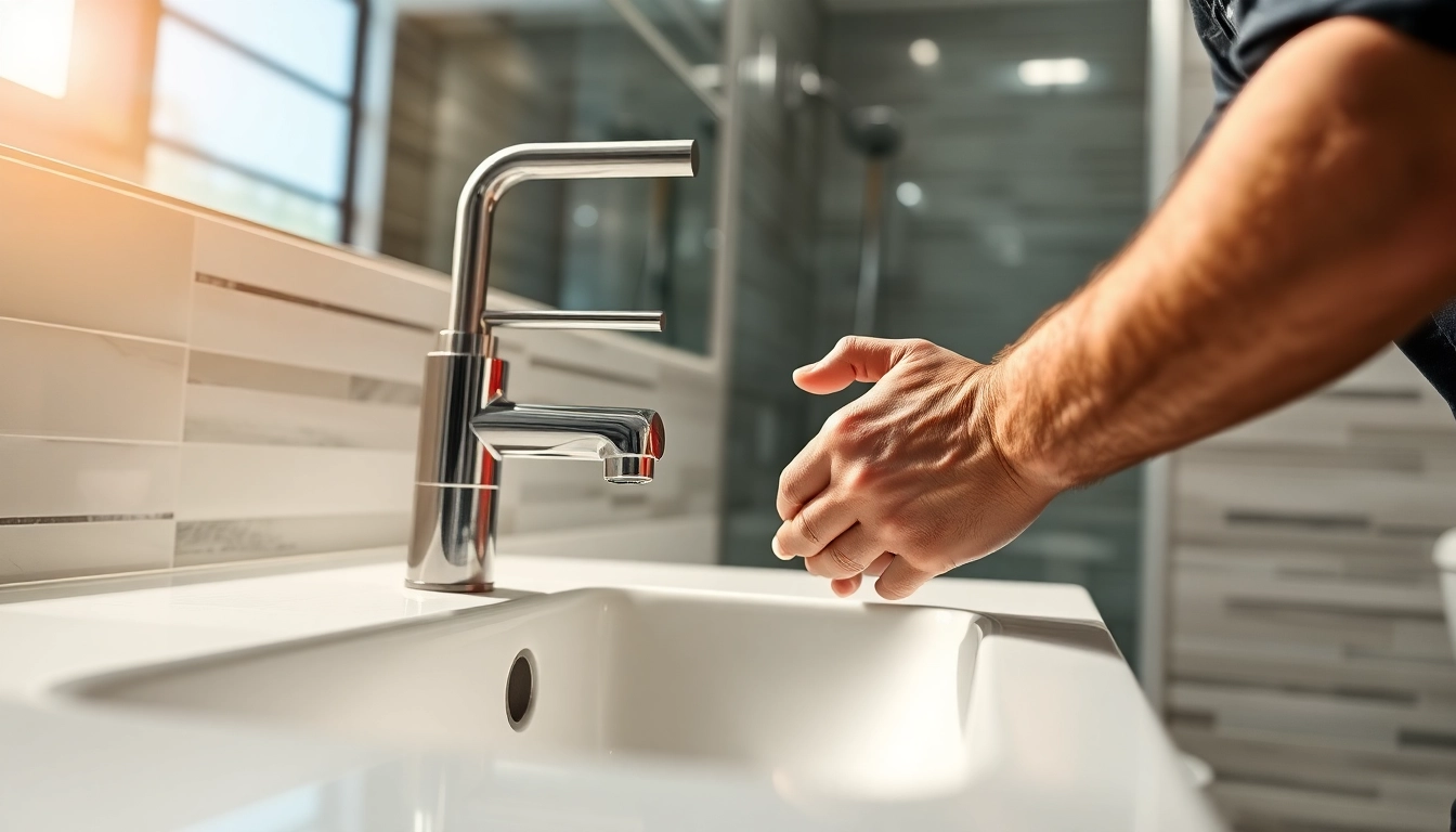Professioneller Installateur bei der Arbeit mit sonni sanitär Produkten in modernem Badezimmer.