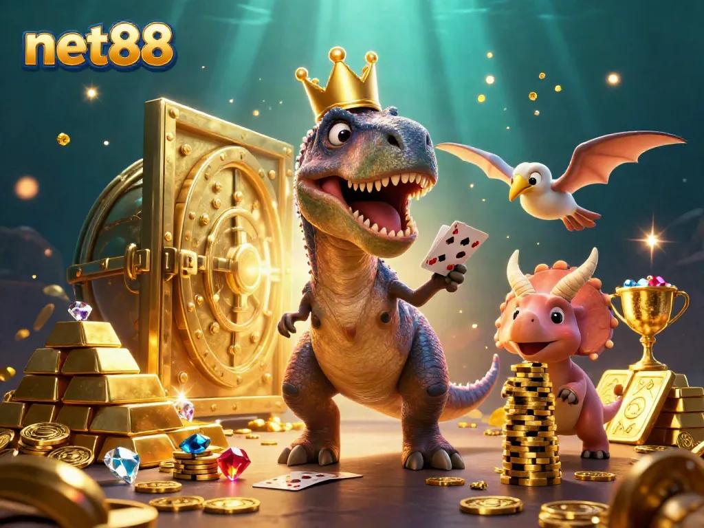 Engage with net88 gaming as the T-Rex shuffles cards while the triceratops stacks chips in a treasure-filled scene.