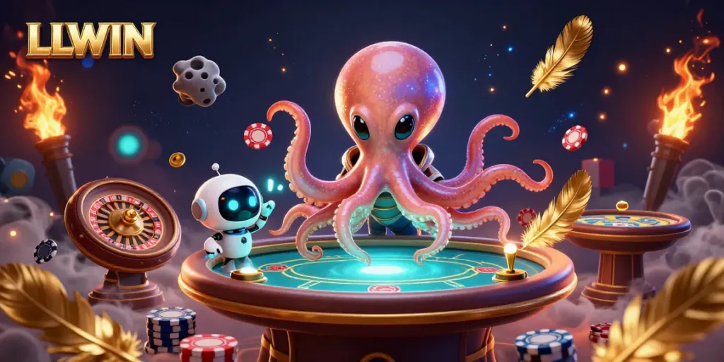 LLWIN features a vibrant scene with an alien octopus engaging at a holographic poker table, surrounded by dynamic gaming elements.