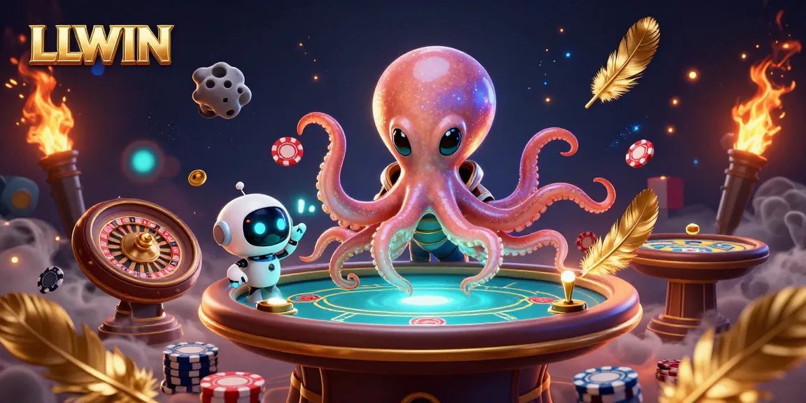 LLWIN features a vibrant scene with an alien octopus engaging at a holographic poker table, surrounded by dynamic gaming elements.