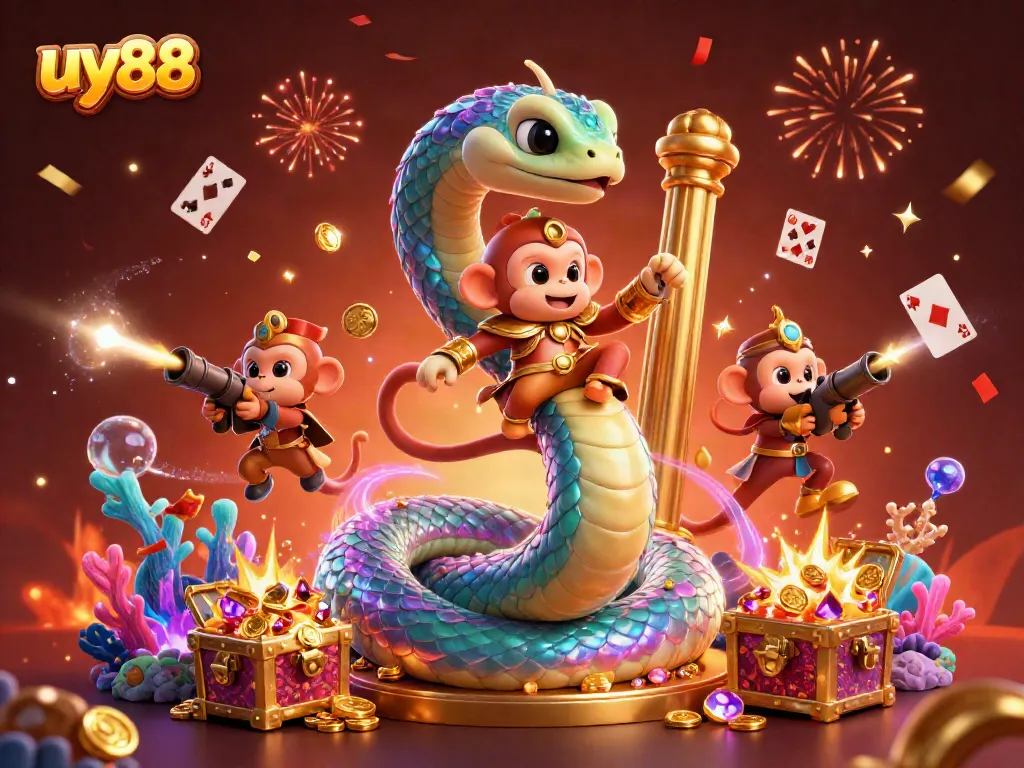 Play and win at uy88 with vibrant characters and exciting casino elements in a captivating 3D scene.