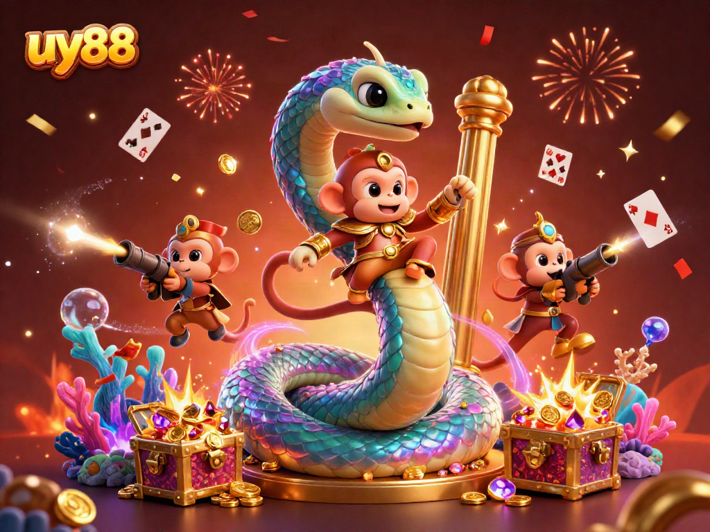 Play and win at uy88 with vibrant characters and exciting casino elements in a captivating 3D scene.