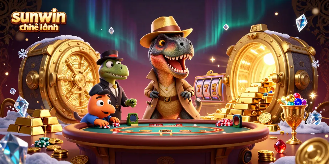 Experience the excitement at sunwin chính hãng with a unique 3D cartoon casino illustration featuring a velociraptor card counter.