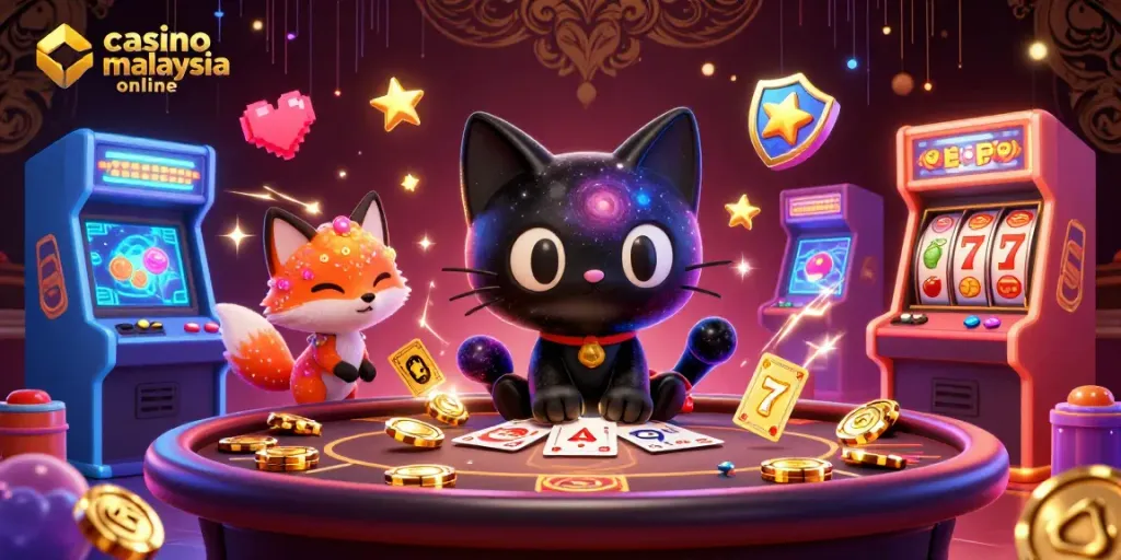 Experience vibrant gaming at casino malaysia online, featuring a cosmic cat and colorful fox amid swirling casino elements.