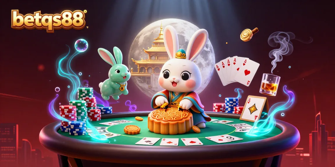 Experience casino excitement with betqs88 as the moon rabbit reveals poker chips in stunning 3D art.