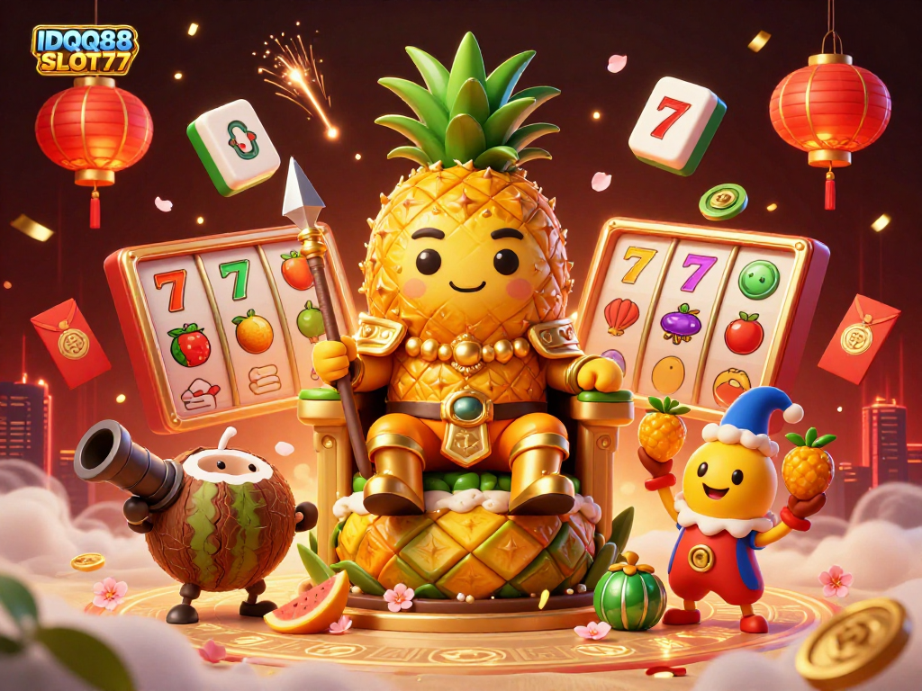 IDQQ88 SLOT77 showcases a vibrant casino scene featuring a golden pineapple king and dynamic gambling elements.