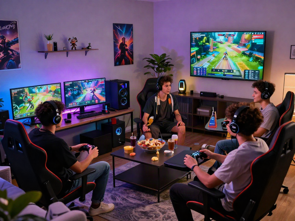 Friends playing an exciting video game session, showcasing rokok88 gaming gear and vibrant atmosphere.