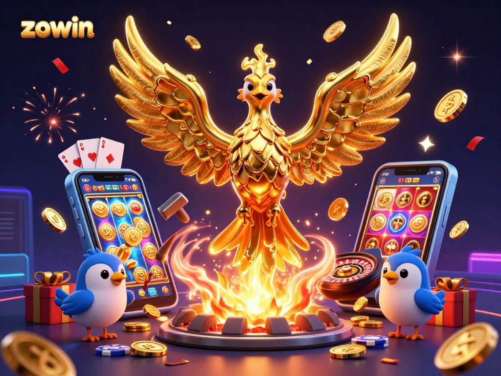 Zowin brings the excitement of wins with a golden phoenix and casino games in a dynamic scene.