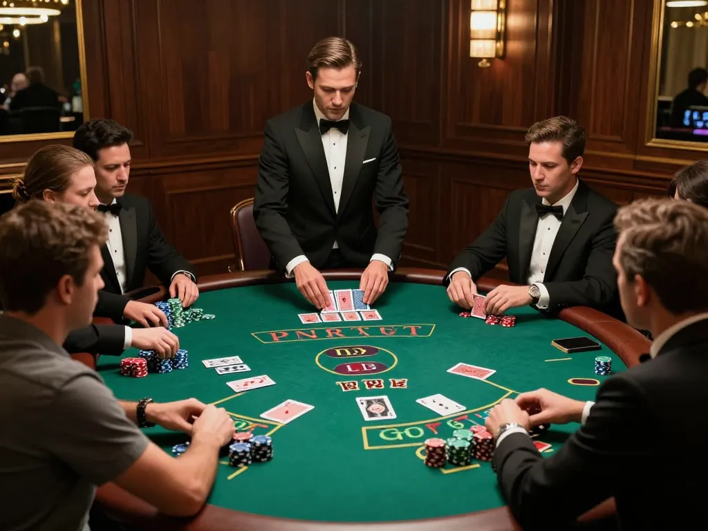 Engaged players at a b52 blackjack table, strategizing for winning moves in a luxurious casino environment.