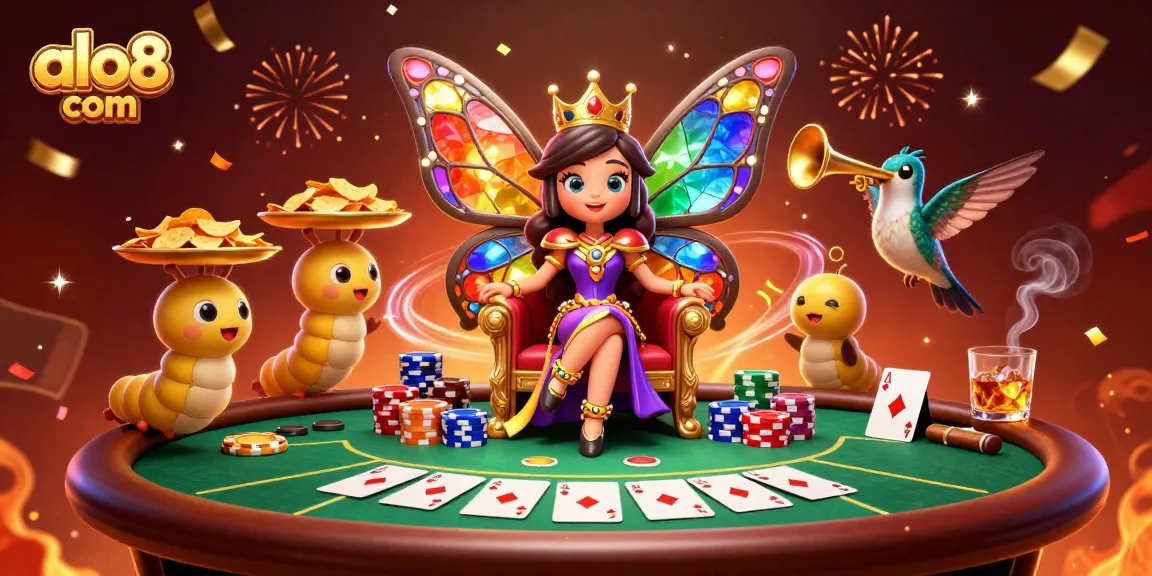 Experience vivid online gaming excitement at alo8 com with a butterfly queen and poker elements.