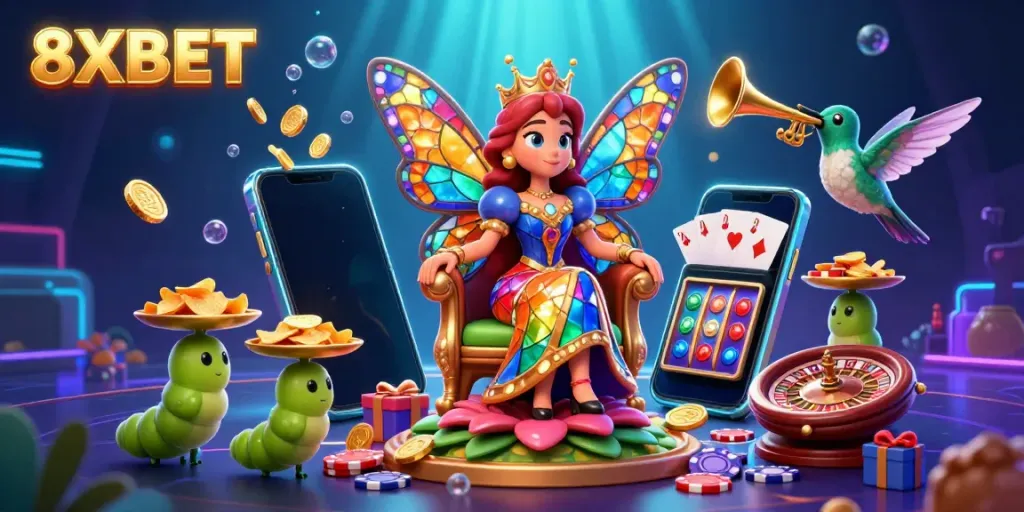 Experience the thrill of 8XBET with a vibrant, dynamic casino-themed illustration featuring a butterfly queen and gamified elements