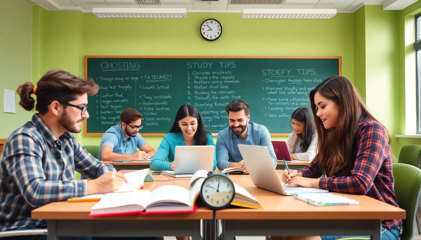TOEFL test takers for hire studying collaboratively in a bright classroom environment.
