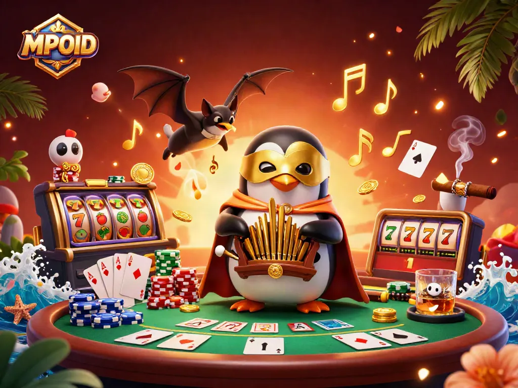 MPOID showcases an enchanting scene with a penguin playing an organ while golden coins fly around, highlighting gaming excitement.
