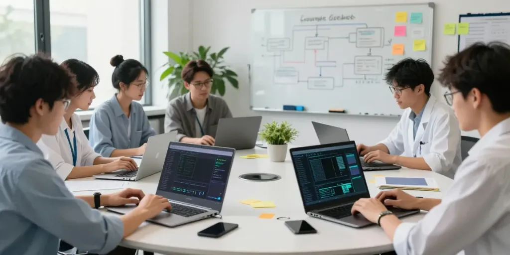 Collaborative Enterprise AI development team analyzing data and strategies.